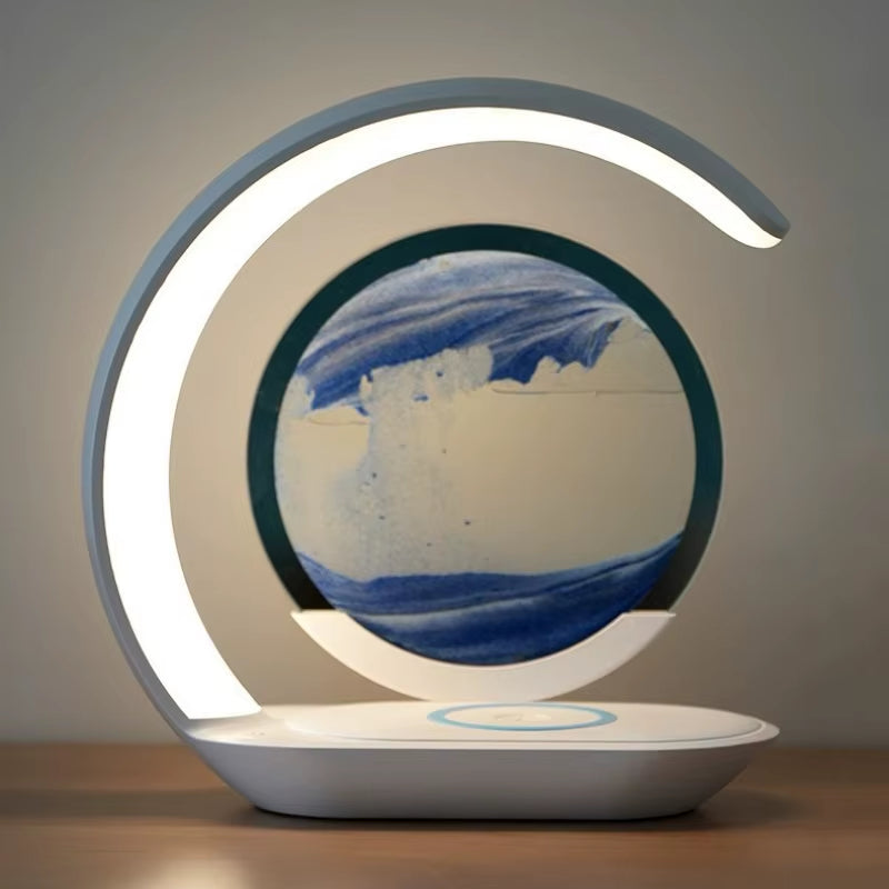 Flowing Sand Painting 15W Wireless Charging LED Desk Lamp with 3D Hourglass Home Bedroom Bedhead Night Light Office Decoration